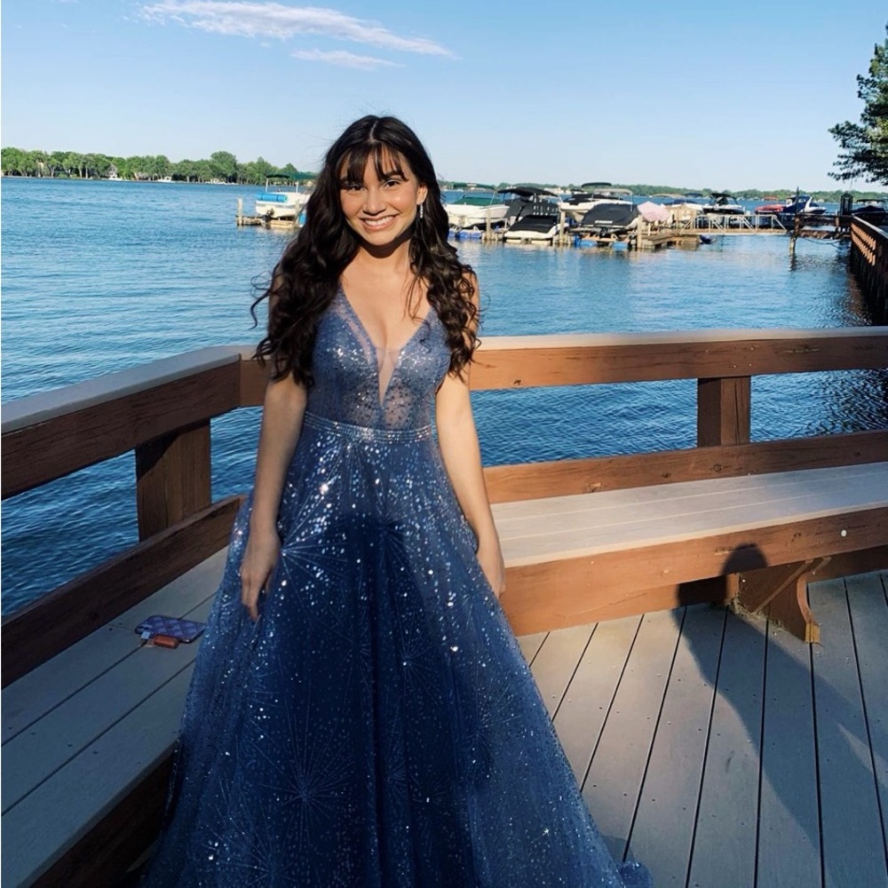 sparkly blue/grey prom dress